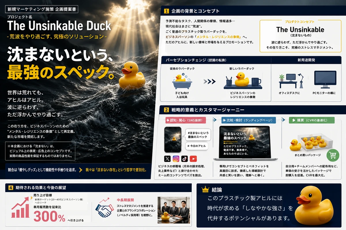 荒波に浮かんだラバーダックをどう売るかの企画書