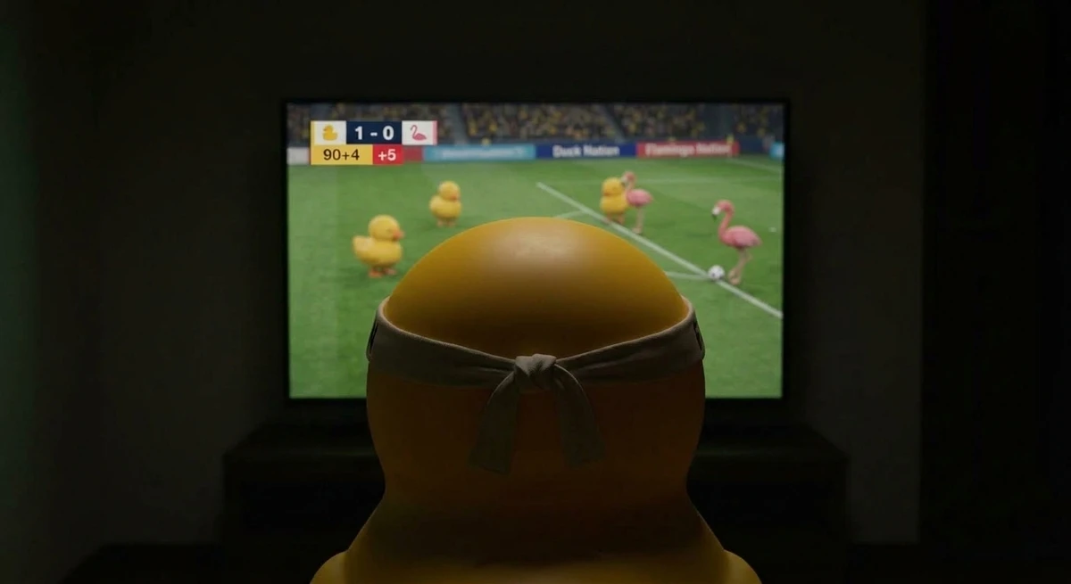 サッカーを熱心に見るラバーダック
