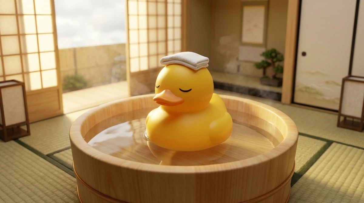 旅館の部屋の中で温泉につかるラバーダック