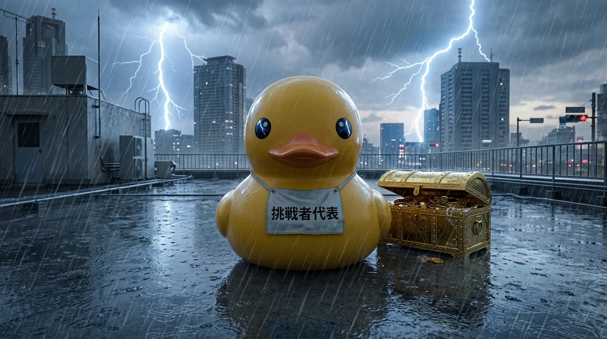 屋上で誰かに挑戦するメラメラ燃えているラバーダック