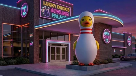 ボウリングのピンになったアヒル