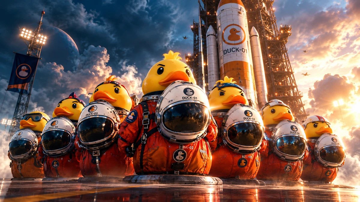 映画アルマゲドンを思わせるヒーローウォーク。宇宙服を着たアヒルが並んでいる。