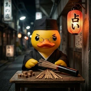 筮竹を使って占うアヒル