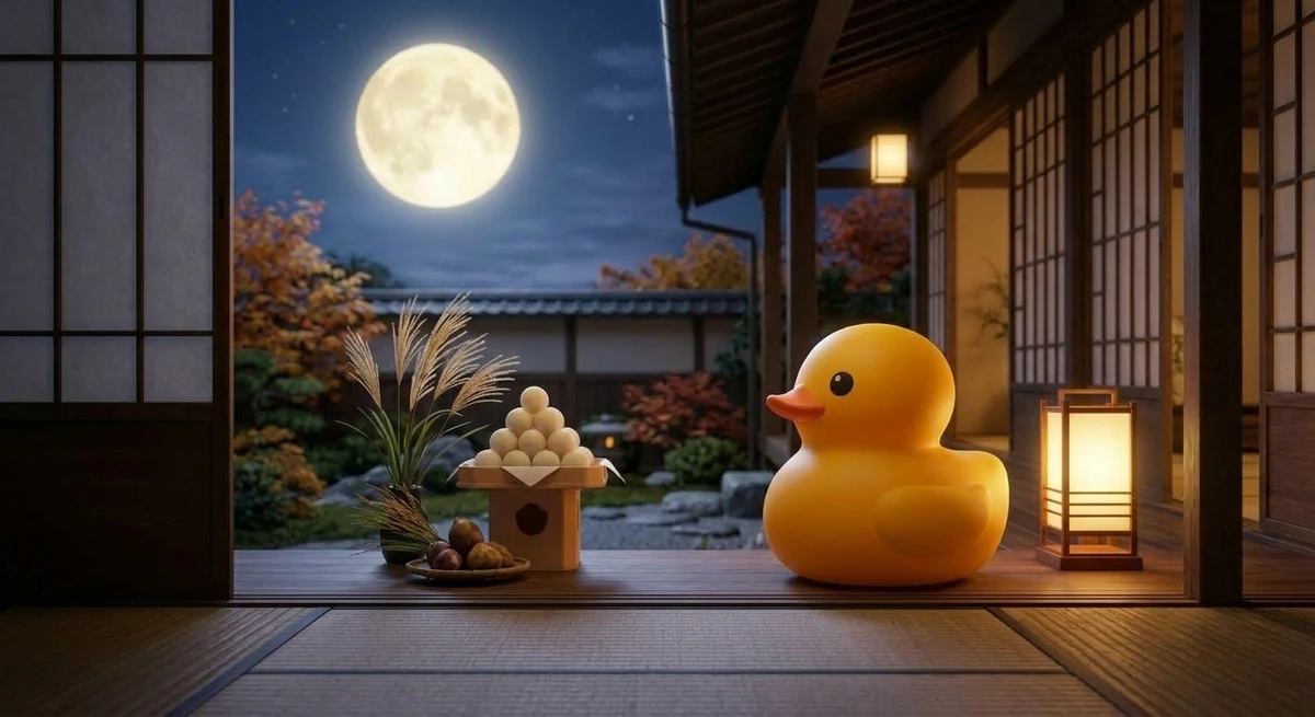 和風の建築で十五夜の満月を楽しむラバーダック