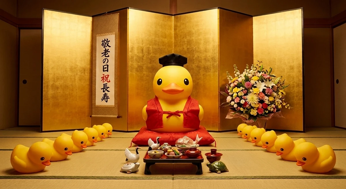 敬老の日に長寿をお祝いされるラバーダック