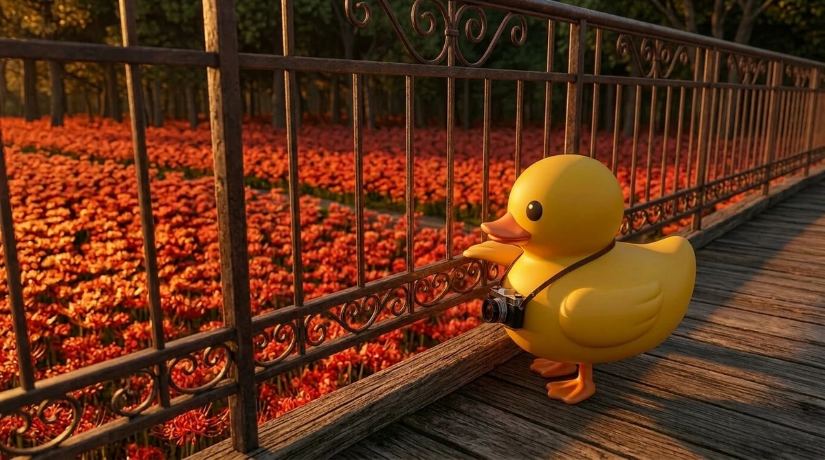 アヒル世界の曼珠沙華公園で、夕日に照らされるラバーダックと曼珠沙華