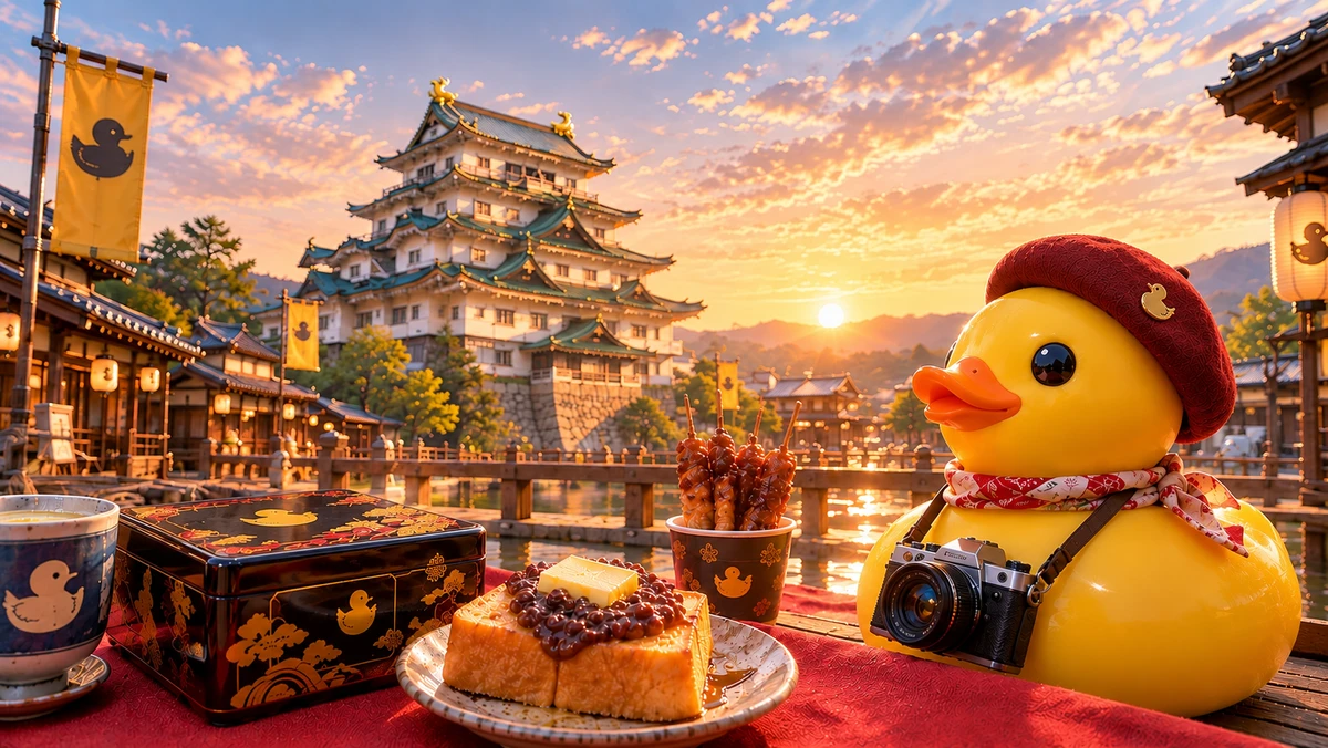 アヒル世界の名古屋城で名古屋飯を楽しむアヒル