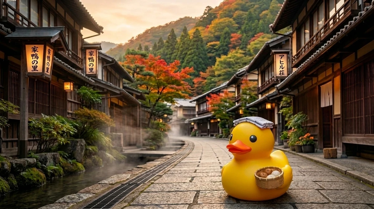温泉街にたたずむラバーダック。