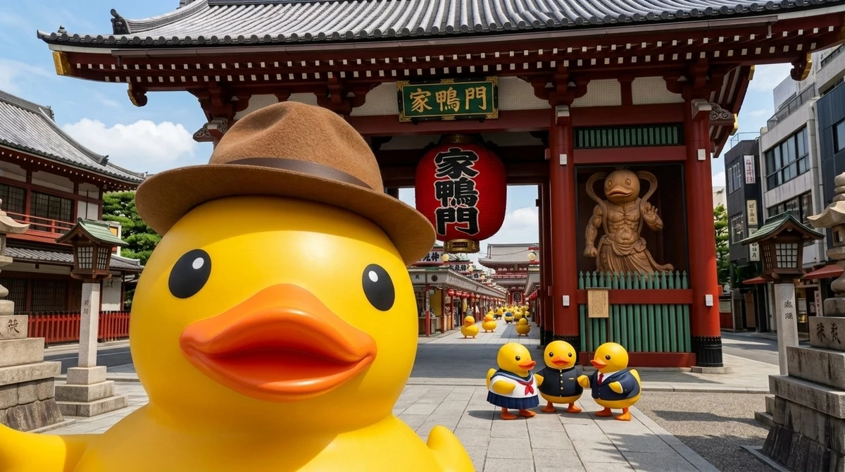 アヒル世界の浅草寺で、ラバーダックが撮った自撮り写真