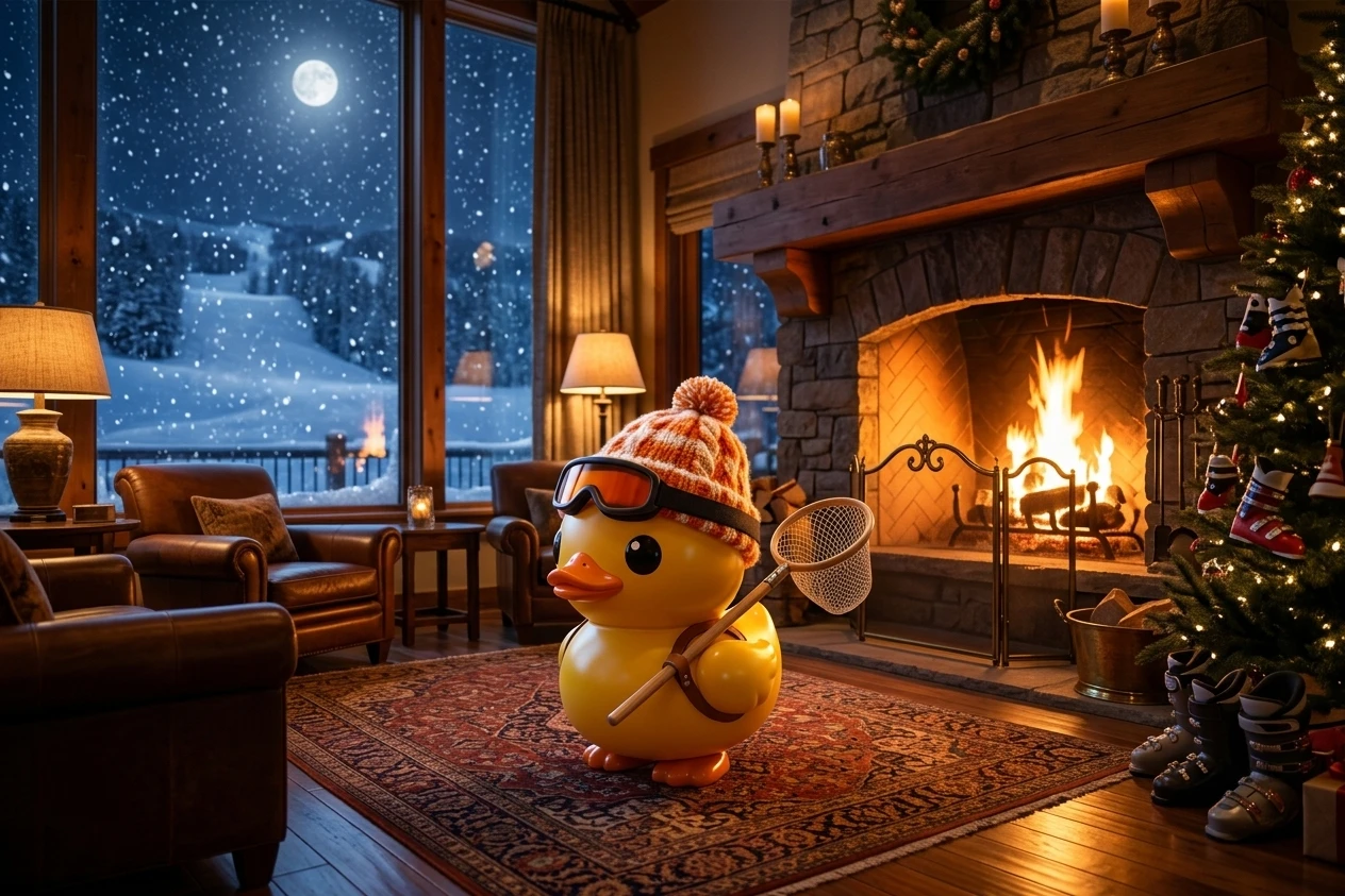 雪の降る夜に暖炉の前で虫取りに行く支度をしているアヒル